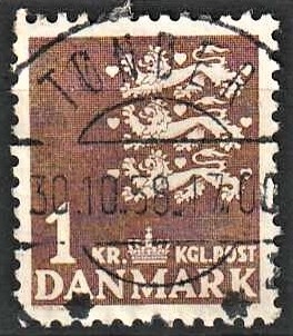 FRIMÆRKER DANMARK | 1946-47 - AFA 293 - Rigsvåben 1,00 Kr. brun - Lux Stemplet Tønder